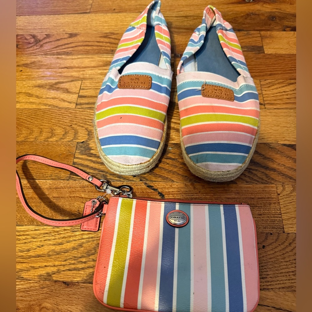 Coach Colorful Striped Espadrilles and Wristlet Set